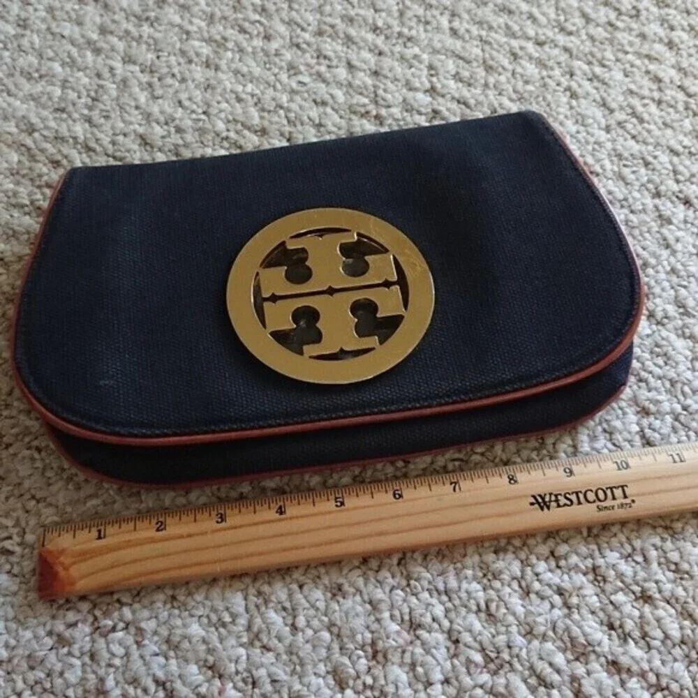Tory Burch dark blue Canvas with leather Trim Clutch